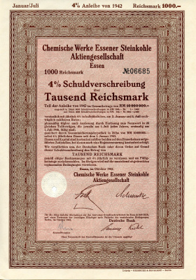 Германия 1000 рейхсмарок 1942 АО Химические заводы Эссенского каменного угля, 4 % долговое обязательство   бумага   8804-126-1