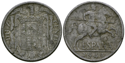 Испания 5 сентимо 1941 Рыцарь на коне, Франсиско Франко (1939-1975) KM 765 алюминий 4138-1042