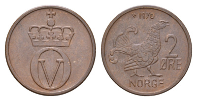 Норвегия 2 эре 1970 Улаф V (1957-1991) KM 410 бронза 4588-563