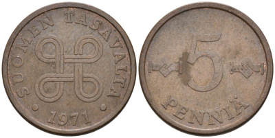 Финляндия 5 пенни 1971 KM 45 медь 4564-866