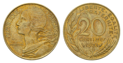 Франция 20 сантимов 1981 KM 929 алюминиевая бронза 186-134