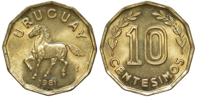 Уругвай 10 сентесимо 1981 KM 66 алюминиевая бронза 4169-533
