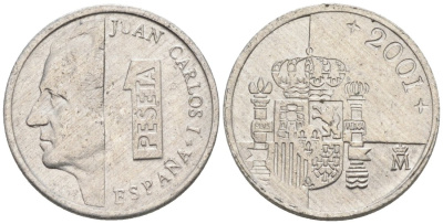 Испания 1 песета 2001 Хуан Карлос I KM 832 алюминий 4567-741