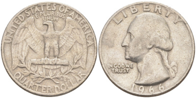 США 25 центов (квотер) 1966 Вашингтон KM 164a медь плакированная медно-никелем 08-1127