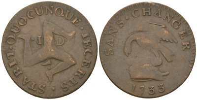 Остров Мэн 1 пенни 1733 подделка в ущерб обращению, Джеймс Стэнли, вес 6.22 гр, диаметр 26 мм KM 5 медь 95-1252