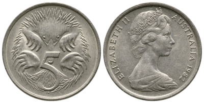 АВСТРАЛИЯ 5 ЦЕНТОВ 1982 ЕЛИЗАВЕТА II, МОЛОДОЙ ПОРТРЕТ, ЕХИДНА KM 64 медно-никель 84-441