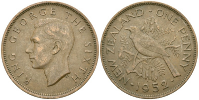 Новая Зеландия 1 пенни 1952 Георг VI (1936-1952), новозеландский туи KM 21 бронза 4542-932