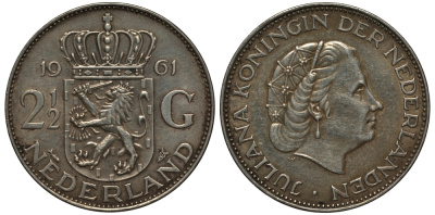 Нидерланды 2 1/2 гульдена 1961 Юлиана (1848-1980) KM 185 серебро 413-3535