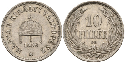 Венгрия 10 филлеров 1908 KB, Франц Иосиф I (1848-1916) KM 482 никель 4151-1114