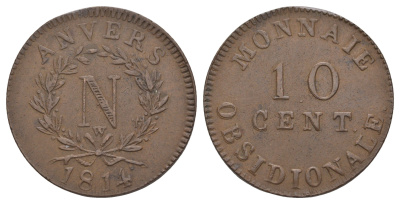 Франция, Осада Антверпена 10 сантимов 1814 Наполеон I KM 5 бронза 1519-433