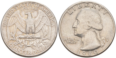 США 25 центов (квотер) 1980 D, Вашингтон KM A164a медь плакированная медно-никелем 84-546