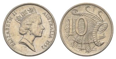 Австралия 10 центов 1992 Елизавета II (1952-2022), птица лирахвост KM 81 медно-никель 4384-211