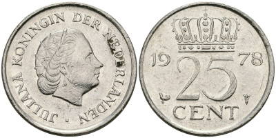 НИДЕРЛАНДЫ 25 ЦЕНТОВ 1978 ЮЛИАНА KM 183 никель 96-251