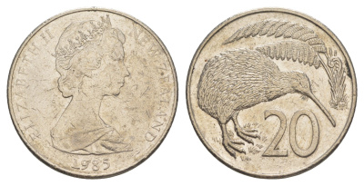 Новая Зеландия 20 центов 1985 Елизавета II (1952-2022), птичка киви KM 36 медно-никель 87-1325