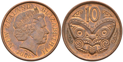 Новая Зеландия 10 центов 2006 Елизавета II (1952-2022), маска маори KM 117а сталь плакированная медью 106-956