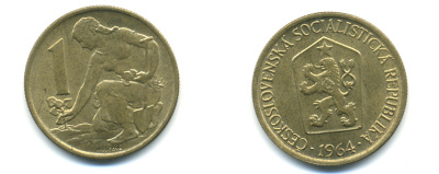 ЧЕХОСЛОВАКИЯ 1 КРОНА 1964 ЖЕНЩИНА САЖАЕТ ЛИПОВОЕ ДЕРЕВО KM 50 алюминиевая бронза 89-1836