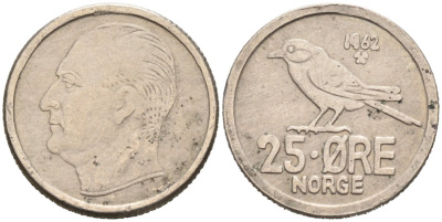 Норвегия 25 эре 1962 Улаф V (1958-1991), синица KM 407 медно-никель 4564-828