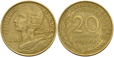 Франция 20 сантимов 1968 тип Marianne KM 930, LE FRANC 156.8 медь алюминий никель    4187-341
