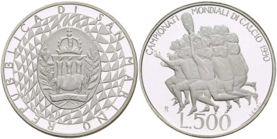 Сан-Марино 500 лир 1990 Чемпионат мира по футболу в Италии 1990 года KM 146 серебро PROOF 00-00