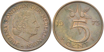 НИДЕРЛАНДЫ 5 ЦЕНТОВ 1973 ЮЛИАНА (1948-1980) KM 181 бронза 213-1117