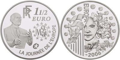 Франция 1 1/2 евро 2006 Декларация Шумана, день Европы 9 мая 1950 года KM 2037 серебро PROOF 02-040-31