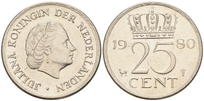 Нидерланды 25 центов 1980 Юлиана (1949-1980) КМ 183 никель    4124-161