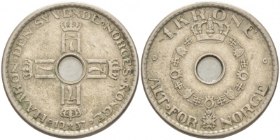 НОРВЕГИЯ 1 КРОНА 1937 KM 385 медно-никель 4402-311