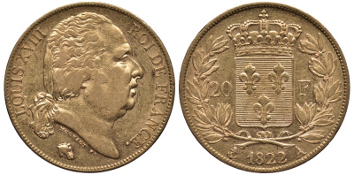 Франция 20 франков 1822 A, Луи XVIII KM 712.1 золото aUNC 00-000-00
