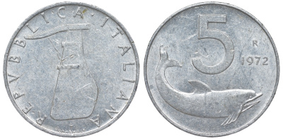 Италия 5 лир 1972 R, плуг, дельфин KM 92 алюминий 4596-426