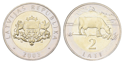 Латвия 2 лата 2003 корова KM 38 биметалл BU 4678-325