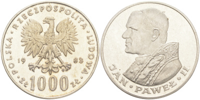 Польша 1000 злотых 1983 MW, визит папы Иоанна Павла II в Польшу KM 144, Parchimowicz 337b серебро UNC 1087-10-61