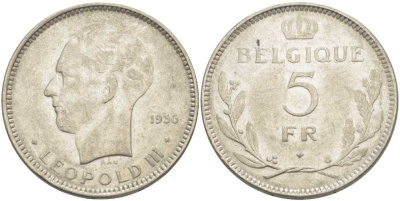 Бельгия 5 франков 1936 Леопольд III (1934-1951), Belgique KM 118 никель 3851-442