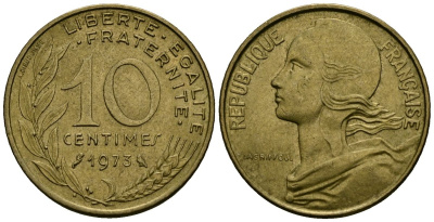 Франция 10 сантимов 1973 тип Marianne KM 929 алюминиевая бронза 4136-413