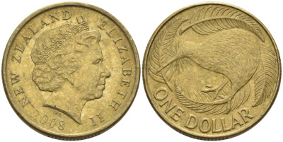 Новая Зеландия 1 доллар 2008 Елизавета II (1952-2022), птица киви  KM 120 алюминиевая бронза 56-445