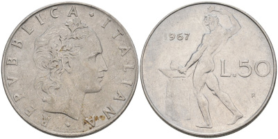Италия 50 лир 1967 R, бог огня Вулкан у наковальни KM 95.1 нержавеющая сталь 4575-224