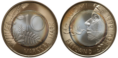 Финляндия 10 марок 1999 председательство Финляндии в Евросоюзе, с сертификатом KM 91а биметалл, серебро, золото UNC 00-00