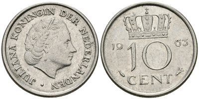 НИДЕРЛАНДЫ 10 ЦЕНТОВ 1963 ЮЛИАНА KM 182 никель 96-359