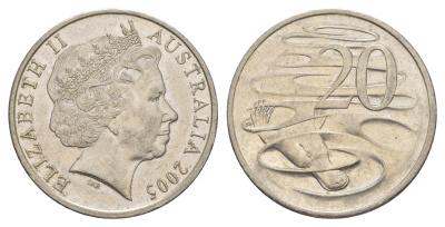 Австралия 20 центов 2005 Елизавета II (1952-2022), утконос KM 403 медно-никель 4525-454