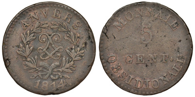 Французская осада Антверпена (Нидерланды) 5 сантимов 1814 монограмма Людовика XVIII KM 4.1 медь 503-633