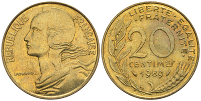 Франция 20 сантимов 1989 тип Marianne KM 930 медь алюминий никель 85-124