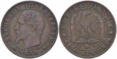 Франция 5 сантимов 1855 BB, Наполеон III (1852-1870) KM 777.3, LE FRANC 116.21 бронза 108-323