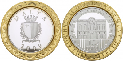 Мальта 10 евро 2009 серия культурное наследие, дворец Кастеллания, евроколлекция Нидерландского монетного двора KM 133 серебро PROOF 1068-9-13