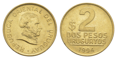 Уругвай 2 песо 1994 KM 104.1 алюминиевая бронза UNC 4649-631