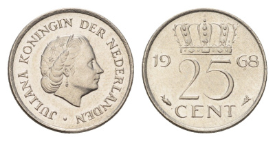 Нидерланды 25 центов 1968 Юлиана (1948-1980) KM 183 никель 4658-853