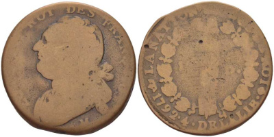 Франция 12 денье 1792 M, Людовик XVI (1774-1793) KM 600.10 бронза 117-846
