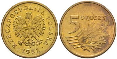 ПОЛЬША 5 ГРОШЕЙ 1991 MW KM 278 латунь 4528-826