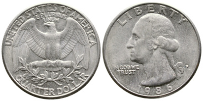 США 25 ЦЕНТОВ = КВОТЕР 1986 P, ВАШИНГТОН KM А164а медь плакированная медно-никелем 23-232