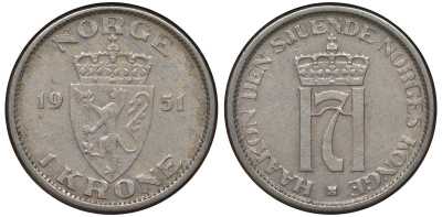 Норвегия 1 крона 1951 Хокон VII (1905-1957) KM 397.1 медно-никель 4128-1211