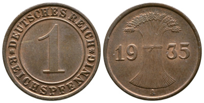 Германия 1 рейхспфенниг 1935 A KM 37, J. 313 бронза 4380-1268