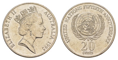 Австралия 20 центов 1995 50 лет ООН KM 295 медно-никель UNC 4652-522